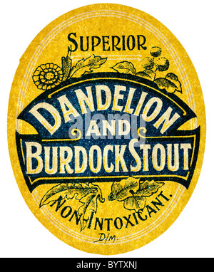 Old paper pop label for superior Dandelion and Burdock Stout non intoxicant. EDITORIAL ONLY Stock Photo