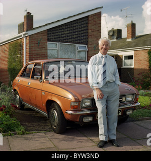 1970s Austin Allegro and owner, Worthing, West Sussex, UK Stock Photo