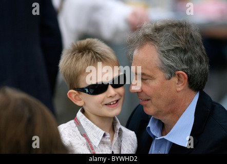 Tony Blair  looking relaxed as he watches the annual Red Bull Air Race 2007 from The High Flyers Lounge with his son Leo Blair, Stock Photo