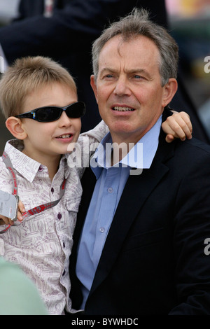 Tony Blair  looking relaxed as he watches the annual Red Bull Air Race 2007 from The High Flyers Lounge with his son Leo Blair, Stock Photo