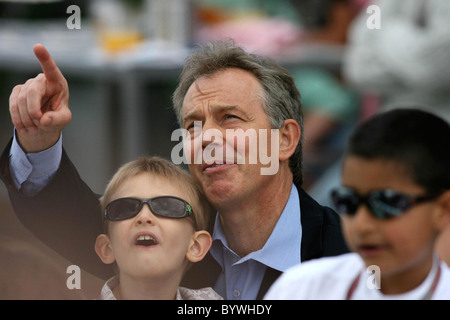 Tony Blair  looking relaxed as he watches the annual Red Bull Air Race 2007 from The High Flyers Lounge with his son Leo Blair, Stock Photo