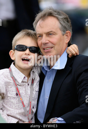 Tony Blair  looking relaxed as he watches the annual Red Bull Air Race 2007 from The High Flyers Lounge with his son Leo Blair, Stock Photo