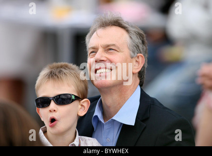 Tony Blair  looking relaxed as he watches the annual Red Bull Air Race 2007 from The High Flyers Lounge with his son Leo Blair, Stock Photo