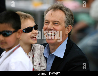 Tony Blair  looking relaxed as he watches the annual Red Bull Air Race 2007 from The High Flyers Lounge with his son Leo Blair, Stock Photo