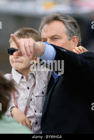 Tony Blair  looking relaxed as he watches the annual Red Bull Air Race 2007 from The High Flyers Lounge with his son Leo Blair, Stock Photo