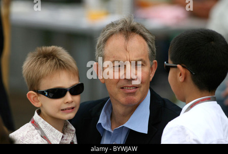 Tony Blair  looking relaxed as he watches the annual Red Bull Air Race 2007 from The High Flyers Lounge with his son Leo Blair, Stock Photo