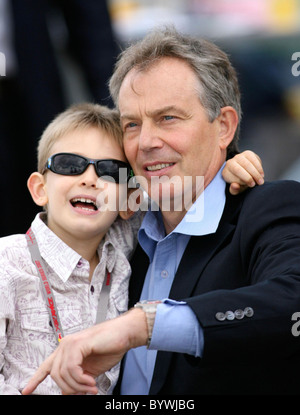 Tony Blair  looking relaxed as he watches the annual Red Bull Air Race 2007 from The High Flyers Lounge with his son Leo Blair, Stock Photo