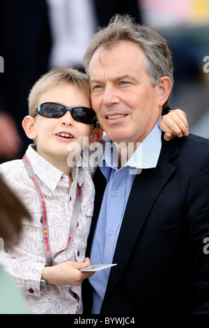 Tony Blair  looking relaxed as he watches the annual Red Bull Air Race 2007 from The High Flyers Lounge with his son Leo Blair, Stock Photo