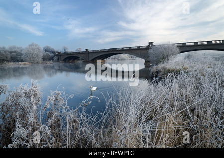 Gunthorpe Bridge near Nottingham, Nottinghamshire, England, which crosses the River Trent, on a cold and frosty winter morning. Stock Photo