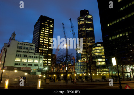 Lloyds building at dusk on a winter's evening with traffic passing by, City of London, 2011 Stock Photo