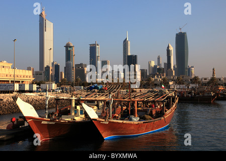 Kuwait, Kuwait City, skyline, fishing boats, general view, Stock Photo