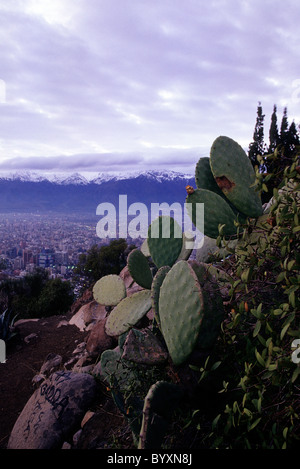 Panoramic view of city from atop Cerro San Cristobal (Parque Metropolitano) during sunrise with distant Andes mountains- Santiag Stock Photo