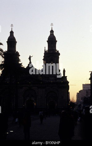 Facade of Cathedral Metropolitano on the Plaza de Armas illuminated at dusk- Santiago, Chile. Stock Photo