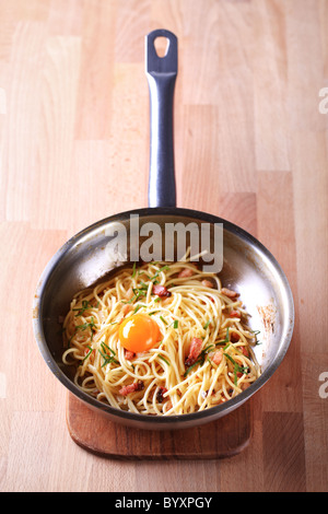 Egg yolk Pasta alla Carbonara. A fork spindles from a bowl of linguine