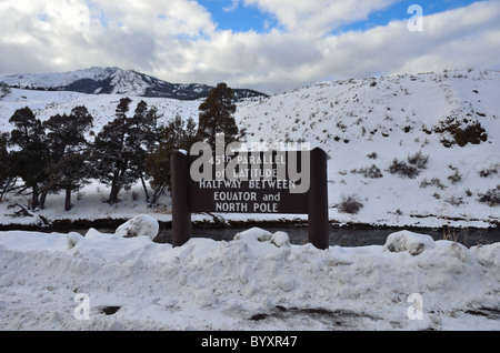 A sign marked the 45th parallel. Yellowstone National Park, Montana, USA. Stock Photo