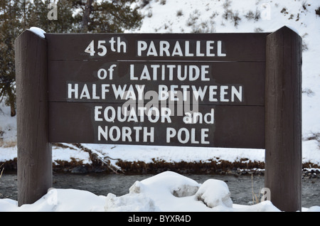 A sign marked the 45th parallel. Yellowstone National Park, Montana, USA. Stock Photo