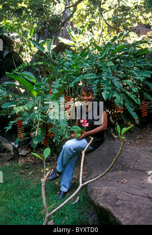 1, one, French woman, West Indian, tour guide, Engraved Rocks Archaeological Park, town of Trois-Rivieres, Guadeloupe, France, French West Indies Stock Photo