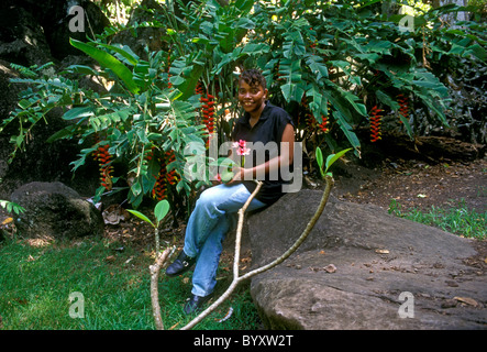 1, one, French woman, West Indian, tour guide, Engraved Rocks Archaeological Park, town of Trois-Rivieres, Guadeloupe, France, French West Indies Stock Photo