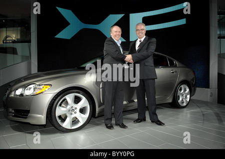 Ian Callum (Design  Director Jaguar Cars) and Mike Mohan (Chief Programme Engineer ) Jaguar is showcasing its all-new XF sedan Stock Photo