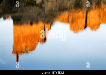 St Andrews Castle reflected in the Bathing Pond at Sunrise Fife Stock Photo