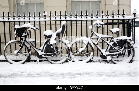 Bicycles in the snow Stock Photo