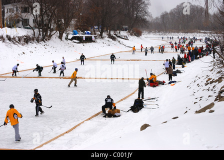 Pond Hockey rinks on Erie Canal in Fairport, NY Stock Photo