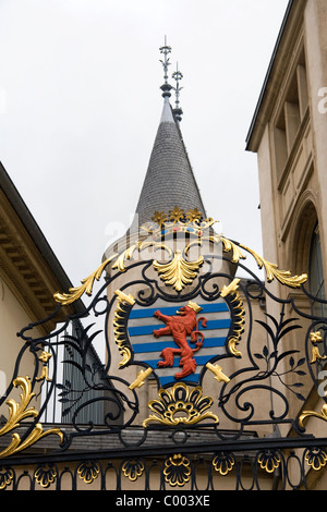 Arms of His Highness the Grand Duke of Luxembourg on the Grand Ducal Palace gate in Luxembourg City, Luxembourg. Stock Photo