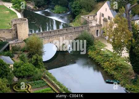 The Grund quarter along the Alzette River in central Luxembourg City, Luxembourg. Stock Photo
