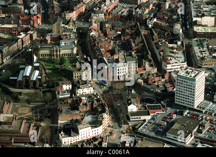 An aerial view of Wolverhampton City Centre with Queen's Square in the centre of the picture to  the left is St Peter's Church. Stock Photo