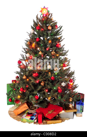 Christmas tree with decorations and lights on white background Stock Photo