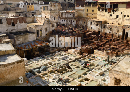 White liming and chrome baths and brown tanning pits in Chouara quarter Fes Tannery Fez Morocco North Africa Stock Photo