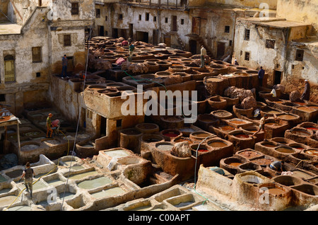 White mineral soaking vats and brown vegetable tanning pits in the Fes tannery Chouara Quarter Fez Morocco North Africa Stock Photo