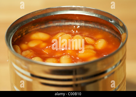 opened tin can of baked beans in tomato sauce Stock Photo