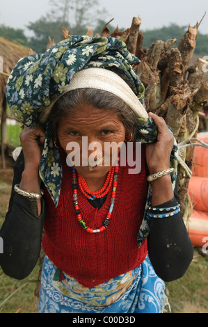 portrait of an older Tharu woman and her firewood bundle in Chitwan National Park in Nepal Stock Photo