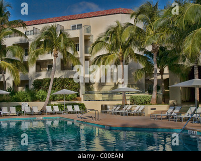 Tropical Resort with beautiful pool surrounded by palm trees and hotel in the distance Stock Photo