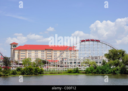 Six Flags Over Texas accommodations and rides, Fort Worth - Arlington, TX, USA Stock Photo