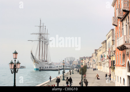 Spanish Navy Sailing Training Ship 'Juan Sebastián de Elcano'  IMO 8642567 at Zattere Waterfront, Venice Stock Photo