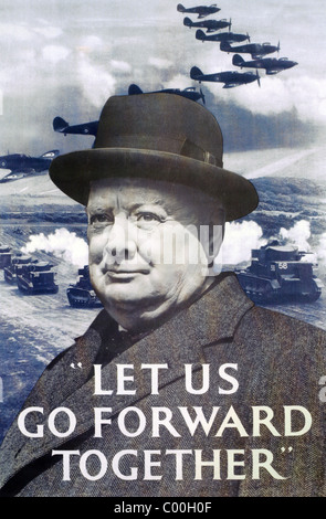 LET US GO FORWARD TOGETHER - 1940 British poster with Prime Minister Winston Churchill and Hurricane fighter aircraft Stock Photo