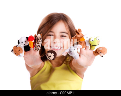 Cute and happy girl playing with finger puppets Stock Photo