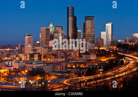 Seattle city skyline at night from Dr. Jose Rizal Park on Beacon Hill, Seattle, WA. Stock Photo