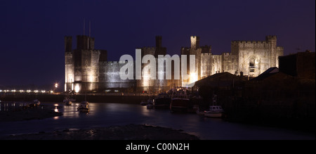 Caernarfon Castle, Gwynedd, North Wales at Night Stock Photo