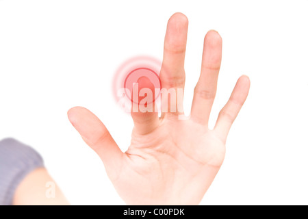 young woman pushing a blank red button Stock Photo