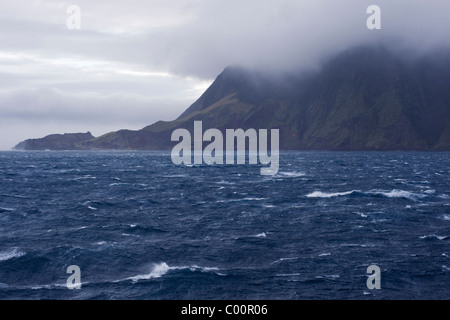 The Island of Tristan Da Cunha during a Force 7 storm, South Atlantic Ocean. Stock Photo