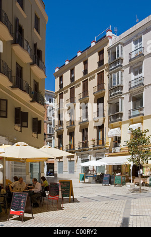 Spain, Malaga, street scene and diners near Cathedral Stock Photo
