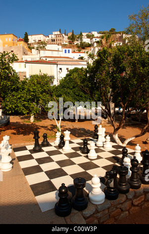 Chess board in the central park of Hydra, Greek Cyclades Islands Stock Photo