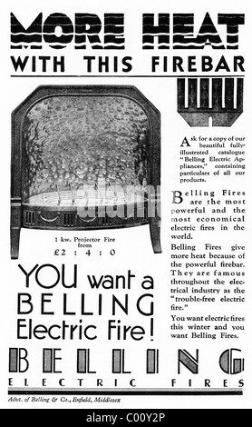 1920s advertisement in consumer magazine for BELLING ELECTRIC FIRES Stock Photo