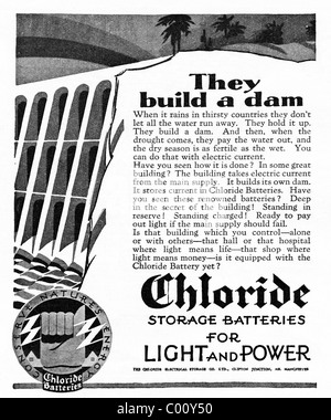 1920s advertisement in consumer magazine for CHLORIDE batteries for light and power Stock Photo