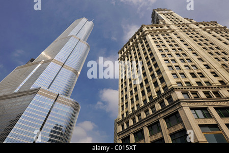 View from the Chicago River towards Trump International Tower and the Wrigley Building, Loop, Chicago, Illinois Stock Photo