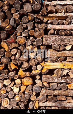 Stack of chopped Oak wood for domestic fuel, open fires and stoves - France. Stock Photo