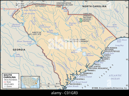Physical map of South Carolina Stock Photo